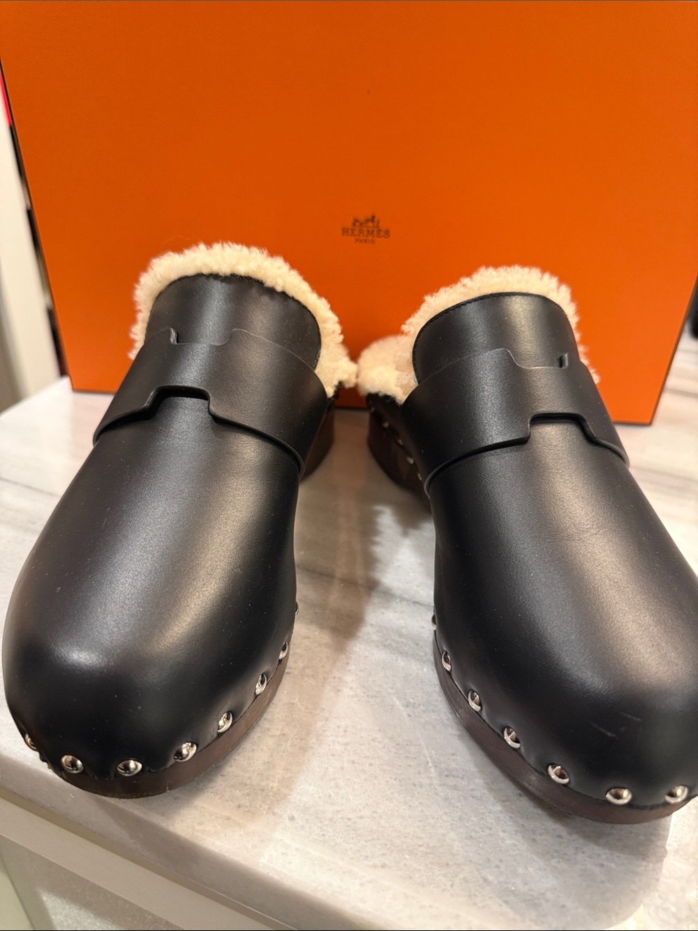 Hermes Black Leather Shearling-Trim Clogs